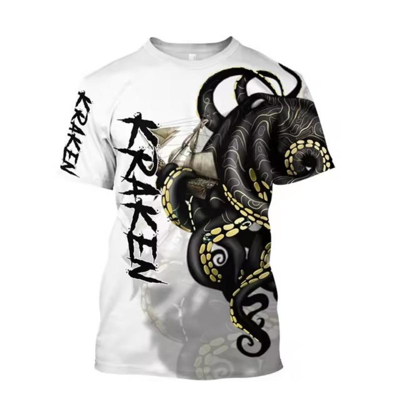 Men'S New Summer 3d Printing Hd Printed O-Collar Short Sleeve T-Shirt Ocean Octopus Art Personality Retro Plus Size Loose Top