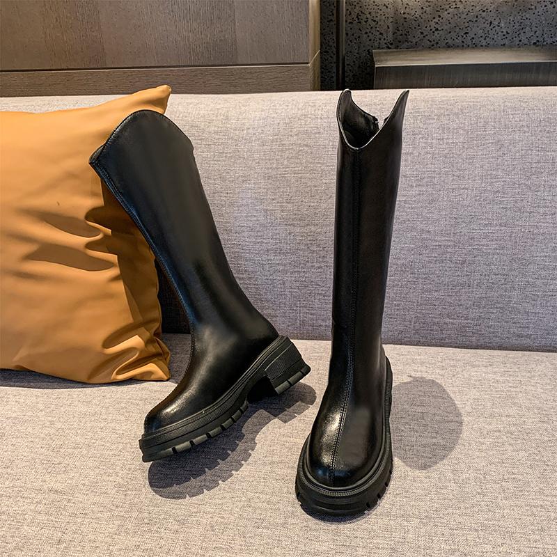 2024 Hot Sale New Autumn Winter Women Knee Length Shoes Round Head Solid Color Slip-On Wear Resistant Ladies Elegant Boots