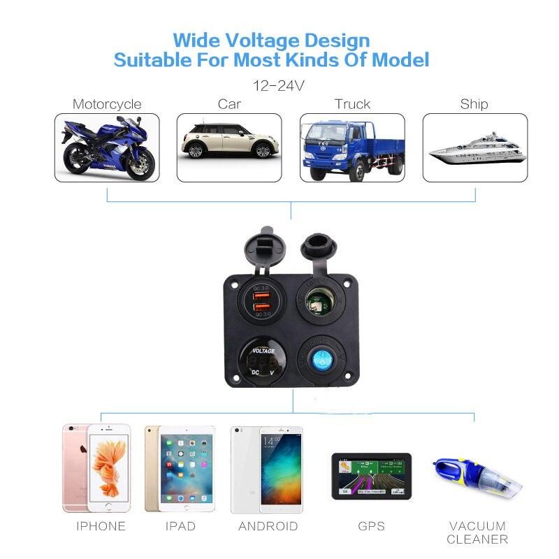 Panneau 4 en 1 Double Chargeur USB QC 3.0 pour Voiture Prise d'Alimentation Voltmètre Prise d'Alimentation Interrupteur à Bascule pour Bateau Marin Camping-car Camion