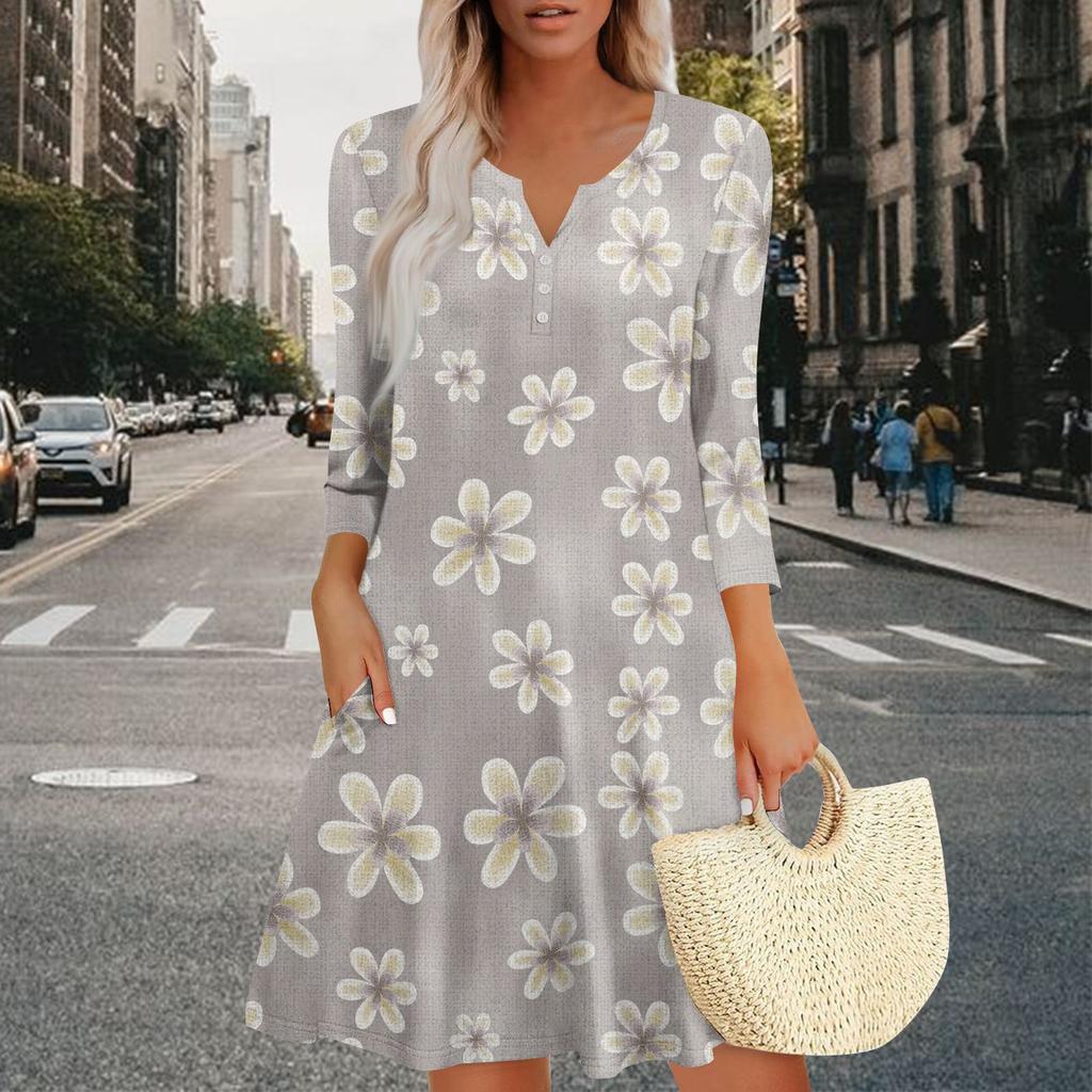 Women's Summer Dress Loose V Neck Three-quarter Sleeve Sundress With Pockets Dress