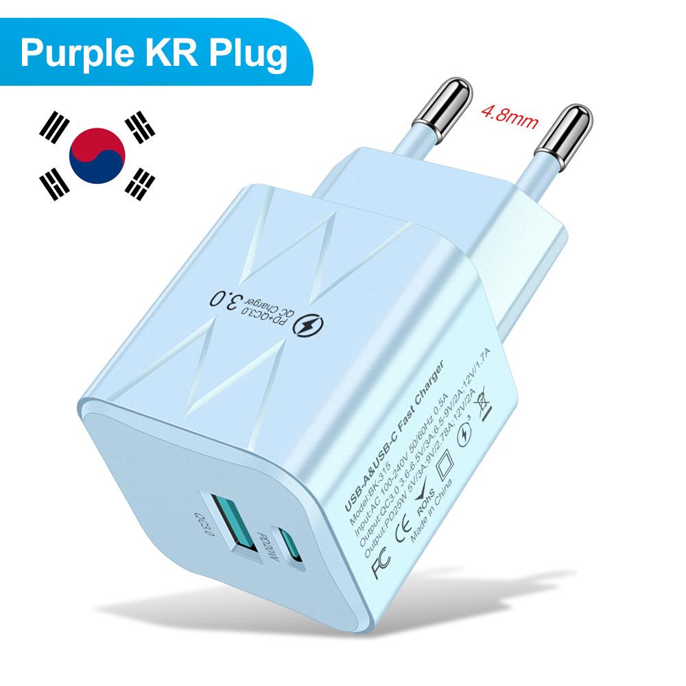 25W Super Fast Charging Macaron USB+PD Charger for EU, US, Korea