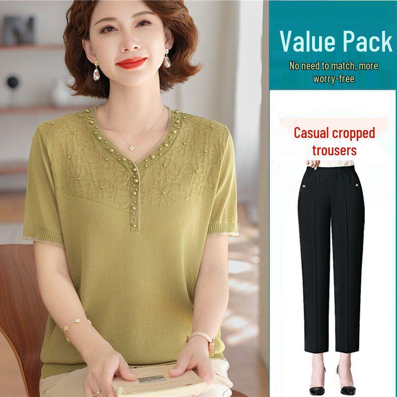 Mom's Summer Ice Silk V-Neck Short-Sleeve T-Shirt for Middle-Aged & Elderly Women - Loose Plus Size Top Set