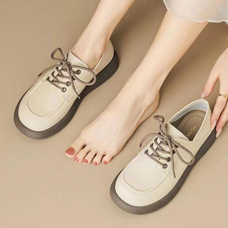 

Две носки одна педаль одинарные туфли круглый носок мягкая подошва лоферы женские 2025 весна новые британский стиль Мэри Джейн маленькие кожаные туфли 40 бежевый