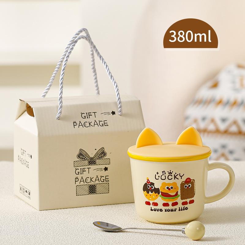 Niedliches Geschenk Keramiktasse Souvenirtasse Frauen Becher Cartoon Wassertasse Haushalt Kaffeetasse mit Deckel Löffel Kinder