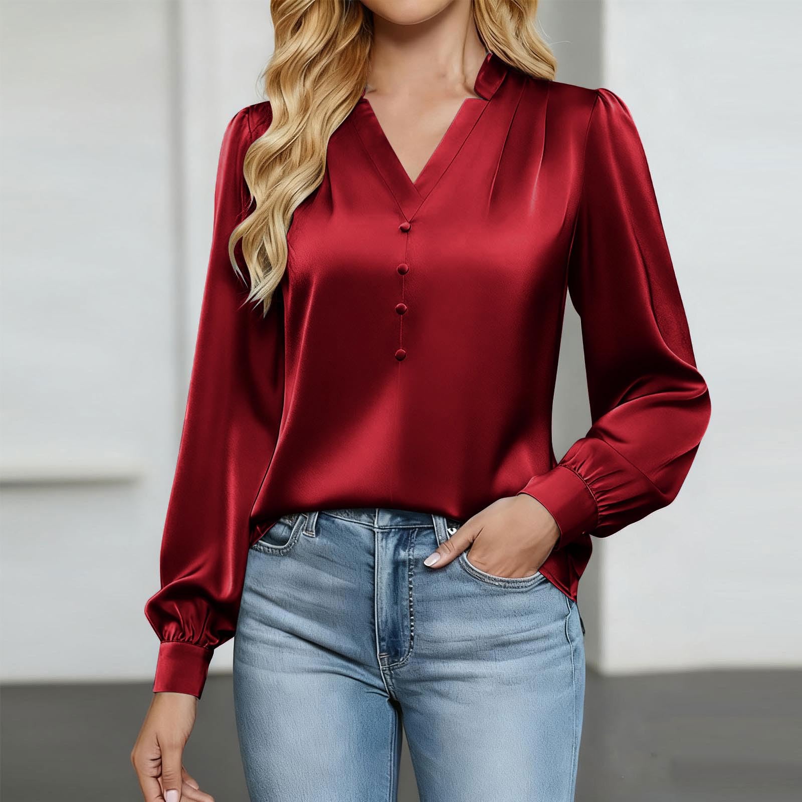 

Жіноча шовкова сорочка Повсякденна Робоча Ділова Сорочка З довгим рукавом V-подібний виріз Топ XL червоний