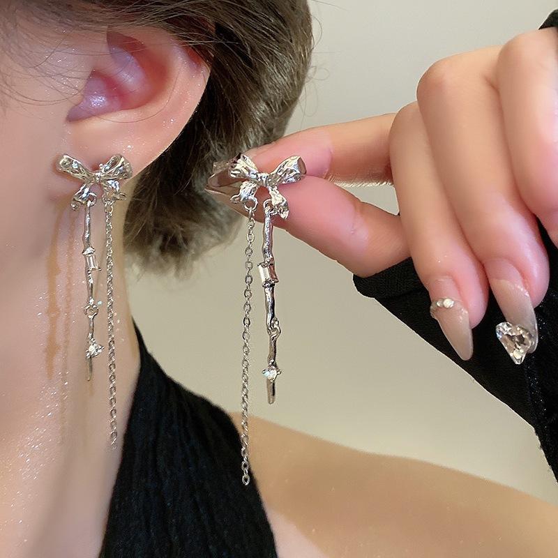 Silver needle bow fringed earrings women's niche design cold wind earrings temperament earrings