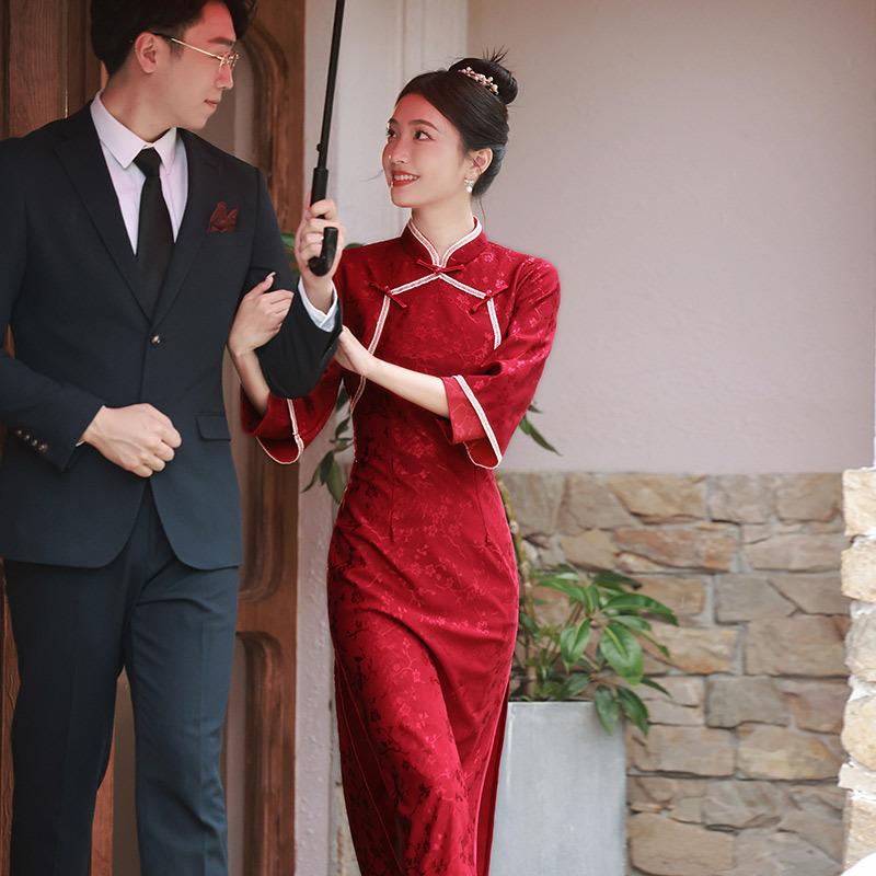 Red Lace National Style New Chinese Long Sleeve Improved Cheongsam Women's Premium Bridal Toast