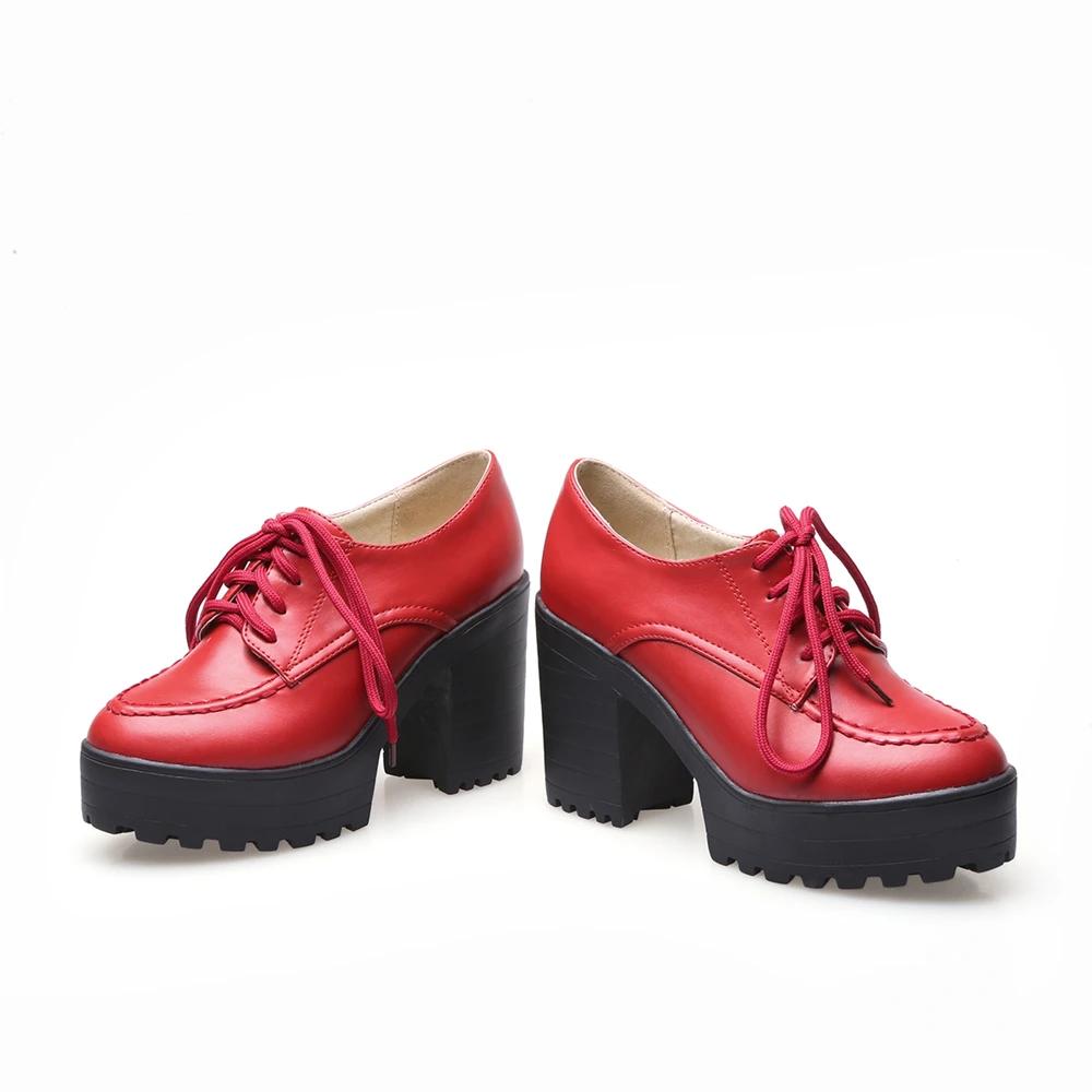 Designers New Spring Autumn Women Black High top Heels Lacing Platform Pumps Chunky Heel Leather White Red Brown