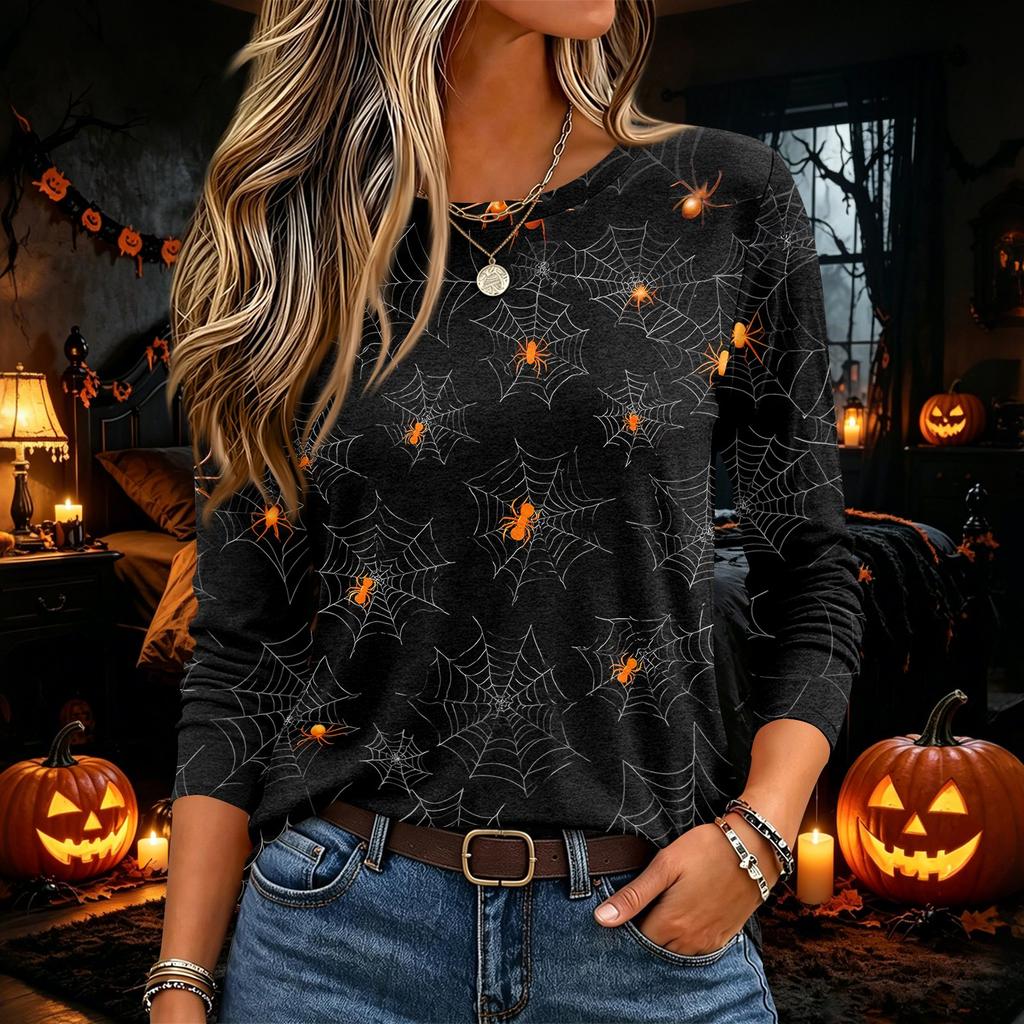 Women's Halloween Printed Neck Long Sleeve Pullover Top