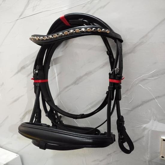 Horse Bridle Black & Golden Stone Crystal Browband Black Padding Dressage Bridle.