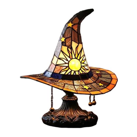Witch Hat Lamp Stained Glass Resin Wizard Hat Light Spooky Gothic Table Lamp Decorative Standing Light for Indoor Party Haunted Halloween Bedroom