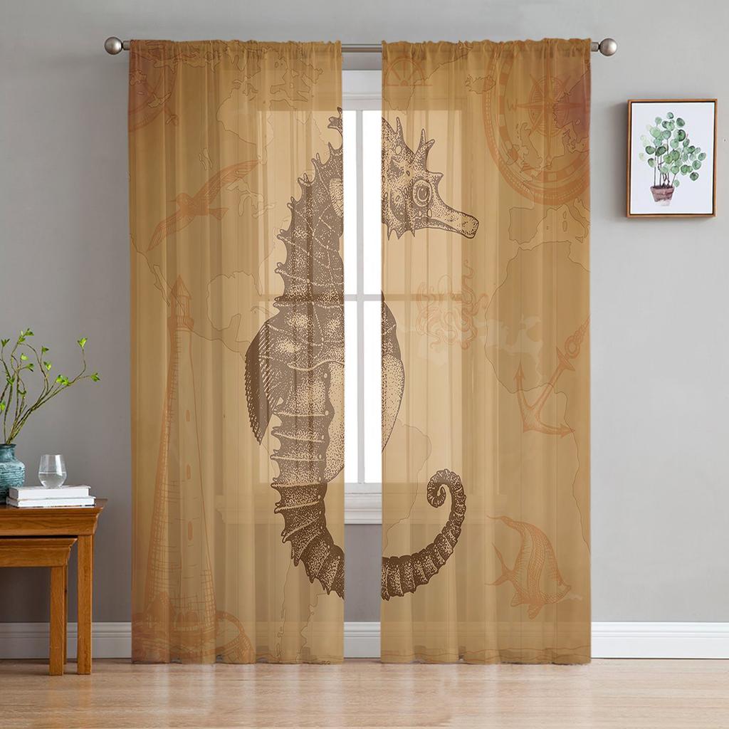 Marine Animal Hippocampus Seaweed Compass Tulle Curtain Voile Transparent for Bedroom Living Room Kitchen Sheer Window Curtains