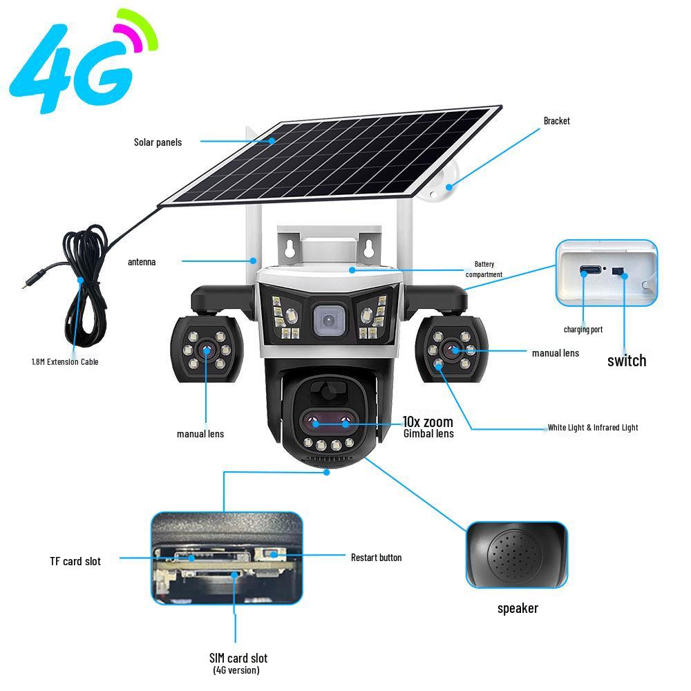 V380 Solar-Powered 4G Outdoor Camera with Night Vision and Waterproof Three-Screen Display