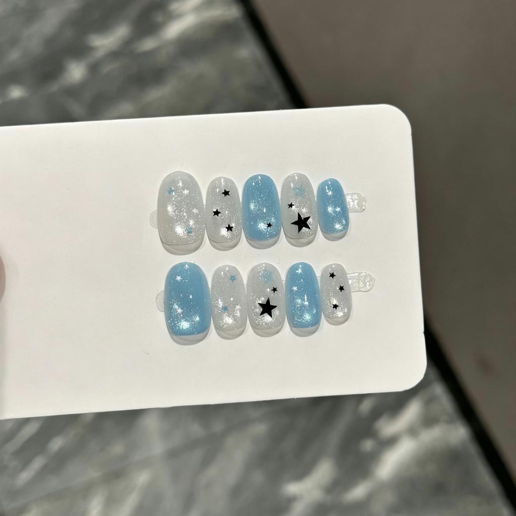 10pcs Short Round Blue White Glitter Cat Eye Press On Nails With Black Star Design Reusable Y2K False Nail Tips