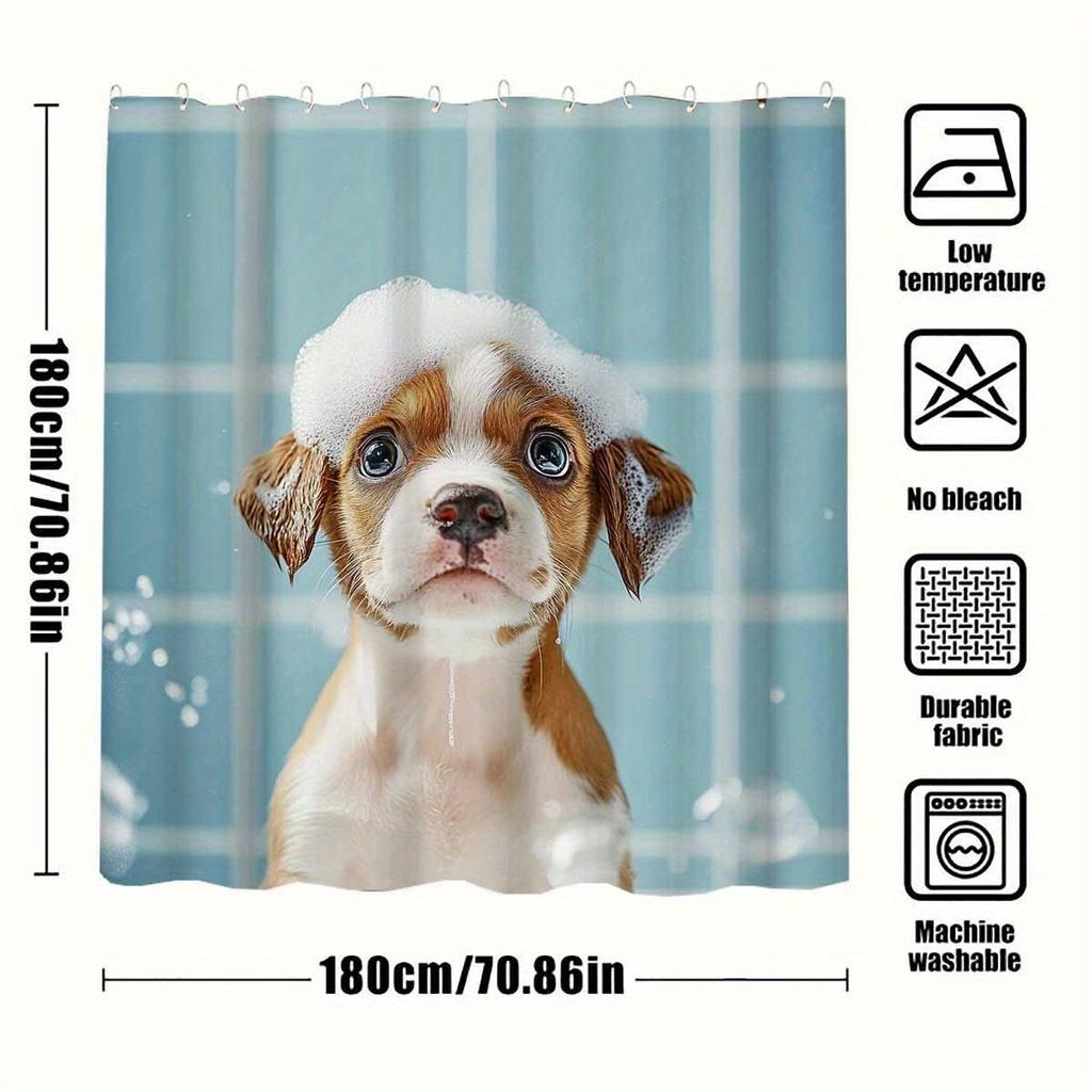 1Pc Cute Dog Bath Pattern Shower Curtain With 12 Plastic Hooks, Polyester Fabric, Machine Washable, Light Blue Bathroom Decor,