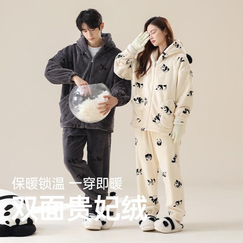 Cozy Fleece Pajama Set Couples Panda Cartoon Print Warm Winter Home Wear Long Sleeve Hooded
