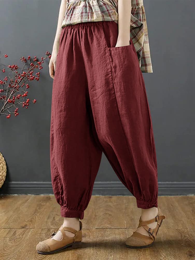 [Minesam] Women's Harem Pants, Linen Pants, Cotton Linen Blend, 9/10 Length, Knickerbockers, Plain, Lightweight, Summer Trousers, Plus Sizes (Wine Red