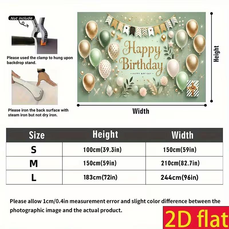 2D Sage Green Gold Happy Birthday Backdrop Banner, 8x6ft Party Background