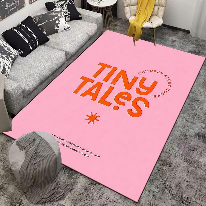 Tiny Tales Children Story Books Logo Poster Pink Orange Typography Brand Art detailed floor mat rug for kids room nursery office decor