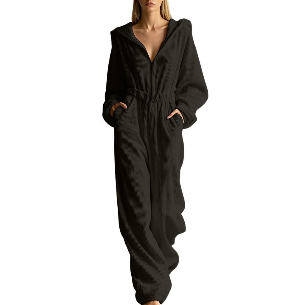 Women's Casual Corduroy Hooded Zip-Up Jumpsuit with Long Sleeves and Loose Fit for Fall and Winter