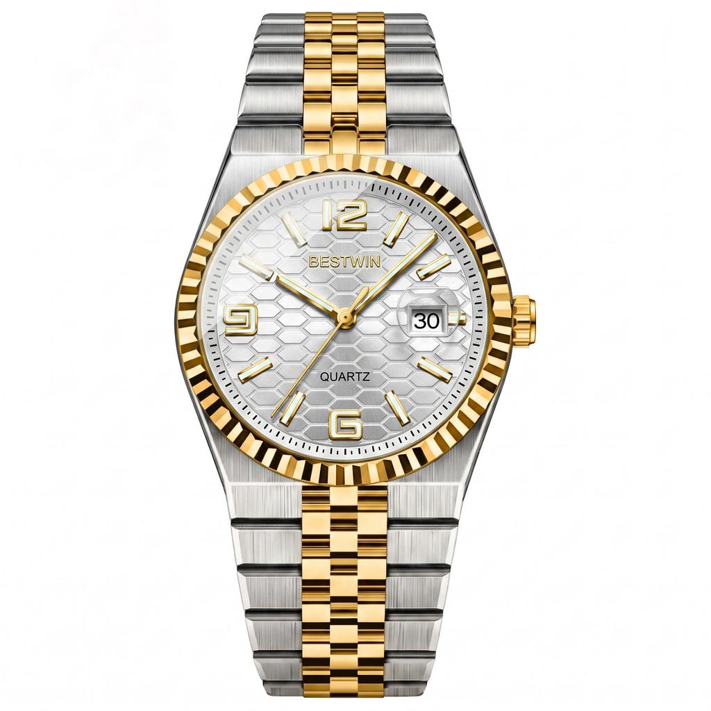 BestWin Brand Luxury Watch Waterproof Full Stainless Steel Luminous Date Week Quartz Fashion Watches For Business Men Watches