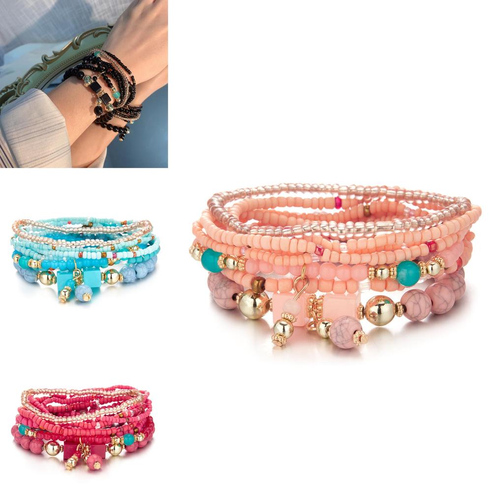 Bohemian Beaded Bracelet Set With Turquoise Elastic Cord For Gift Giving And Travel Souvenirs