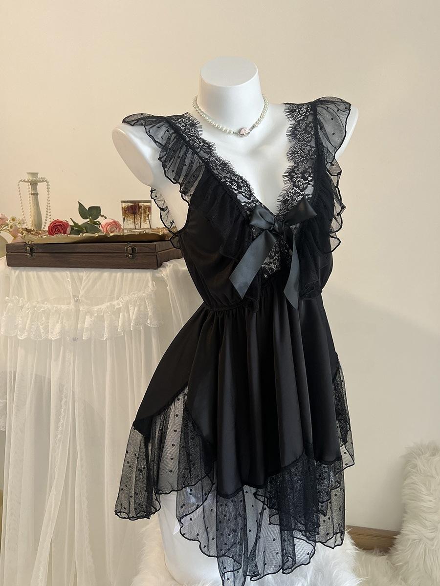 

Французский сексуальный чистый похоть сладкий глубокий V тонкий кружевной бретелька через талию подвязки бант ночная рубашка домашняя одежда average size