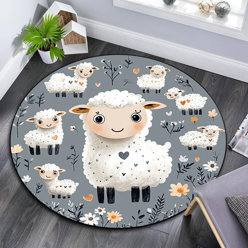 Cute Sheep Round Area Rug,Carpet Rug for Living Room Bedroom Sofa Playroom Decor,Non-slip Floor Mat