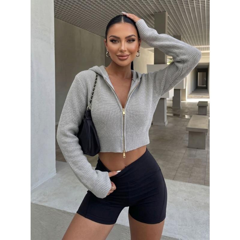 Women Waffle Textured Short Hooded Knit Double Zipper Cardigan Sweater Outerwear
