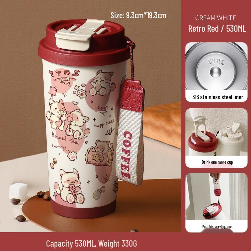 Happy Puppy Stainless Steel Insulated Coffee Cup - Portable, Student-Friendly Design for Men and Women