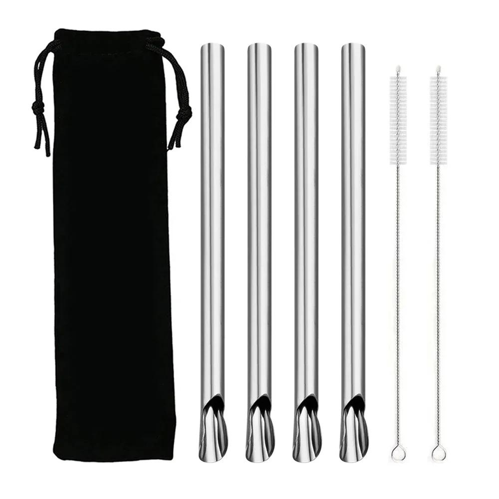 

7Pcs Reusable Stainless Steel Straw Pearl Straw with Brush Bag Sets Milkshake Bubble Tea Stirring Smoothie Spoon Shaped Straw