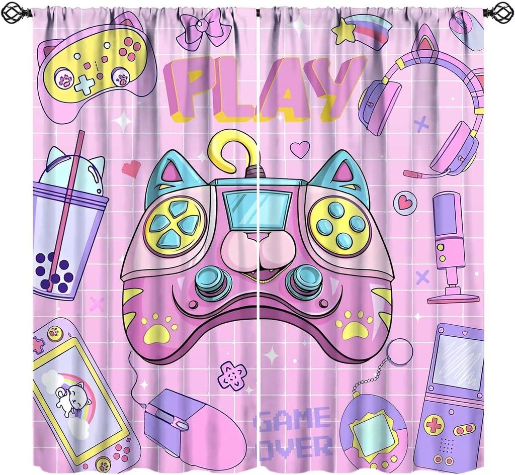 Cool Game Curtains For Boys Bedroom, Green Blue Flame Video Game Graffiti Game Controller Outer Space Stars Print Window Drapes