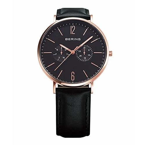BERING (Bering) Men's & Women's (Unisex) Watch, Black Calf Leather & Black Stainless Steel, with Two Mesh Straps, Rose Gold Sapphire Crystal, Changes,