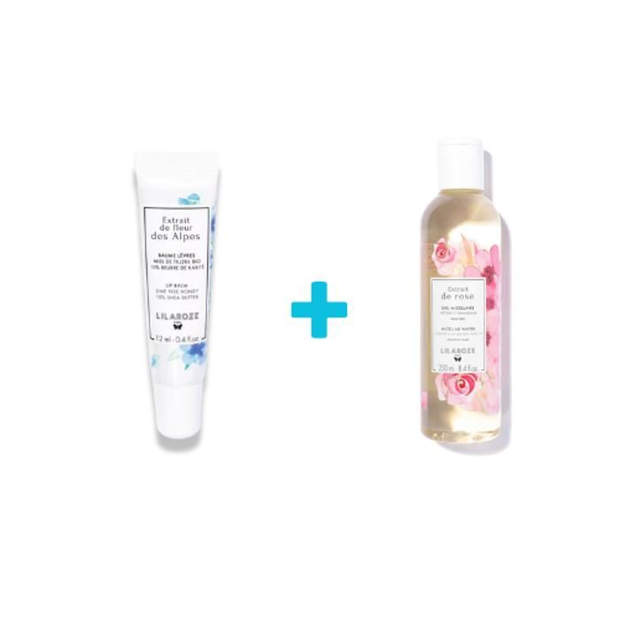 Lilaroze Paris Pack Baume à Lèvres Extrait de Fleur Des Alpes Miel de Tilleul Bio + Eau Micellaire Extrait de Rose Nettoie et Démaqu