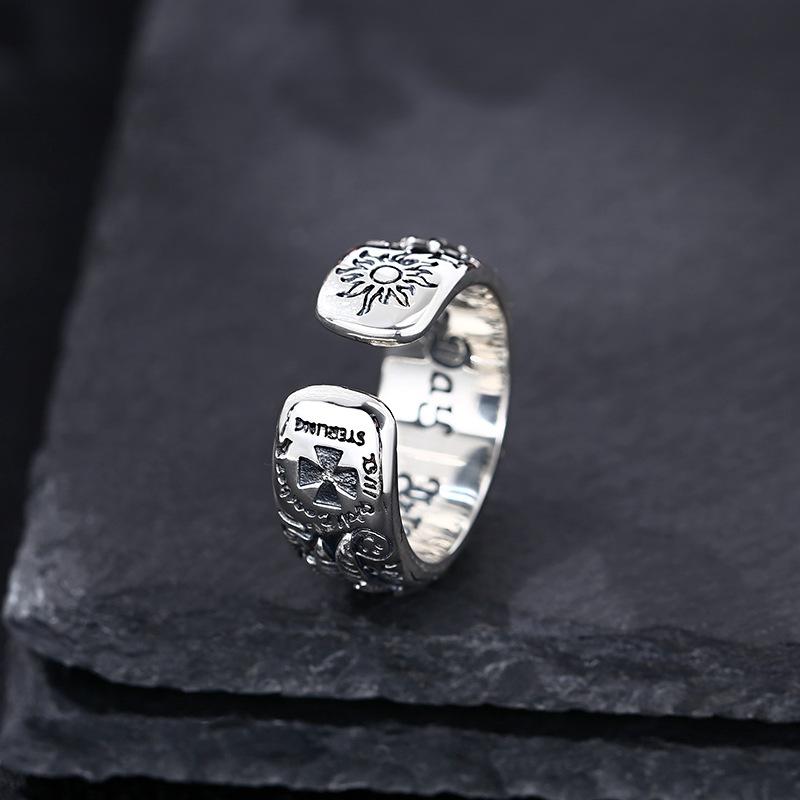 Bague Graffiti Ailes de Soleil Rétro Pour Homme Alliage de Zinc Couleur Punk Gothique Bague Réglable Fait Main Rock Unisexe Accessoires Zircon Cadeau Homme