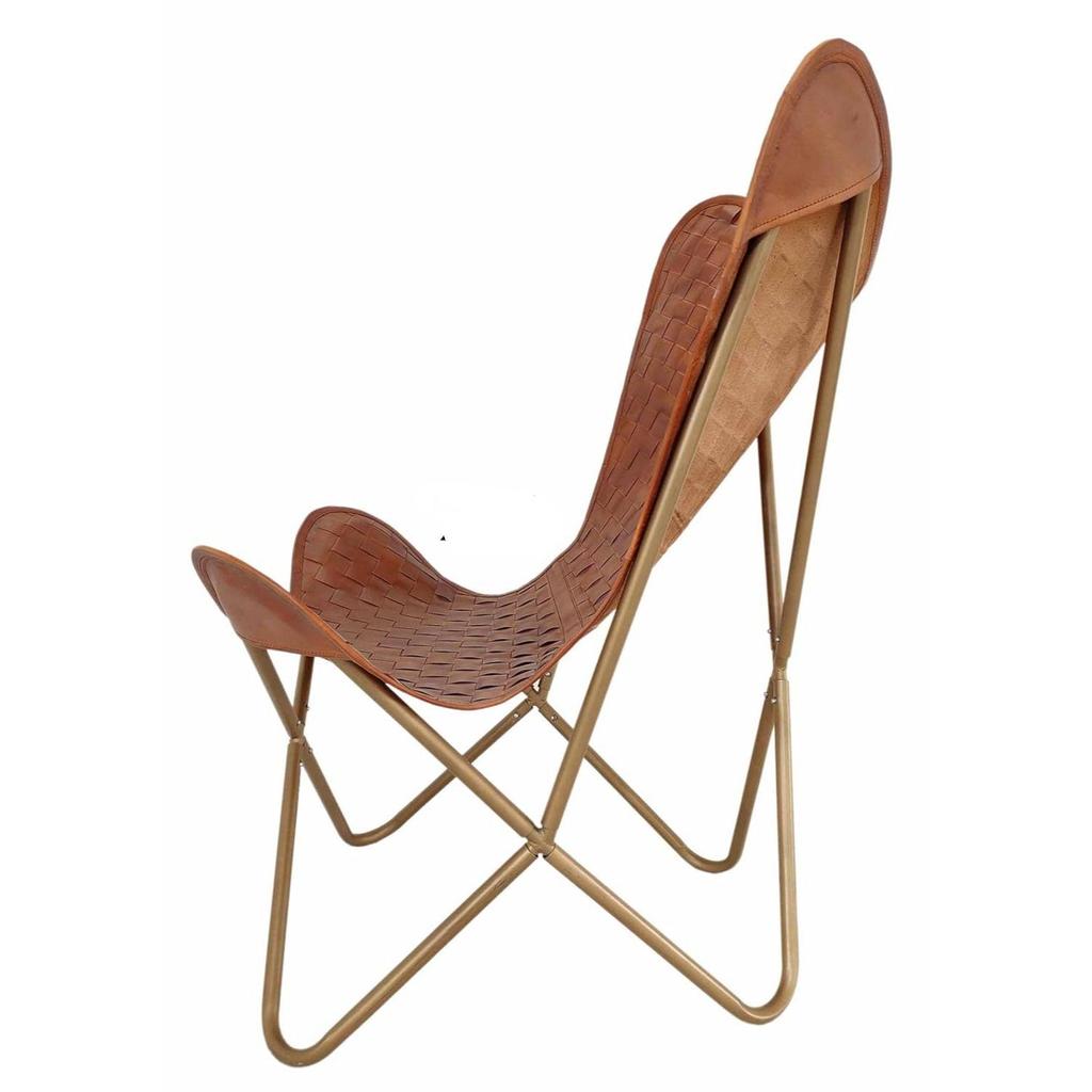 Leather Butterfly Chair-Hand Weaved Tan Brown Leather Butterfly Chair-Handmade with Golden Powder Coated Folding Iron Frame.