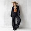 Women Casual Solid Color Cotton Linen Shirt Pants Suits Fashion Single Breasted Blouses Elastic Waist Pants Set Spring Loose Outfits