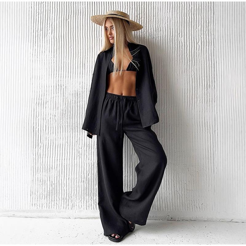 Women Casual Solid Color Cotton Linen Shirt Pants Suits Fashion Single Breasted Blouses Elastic Waist Pants Set Spring Loose Outfits