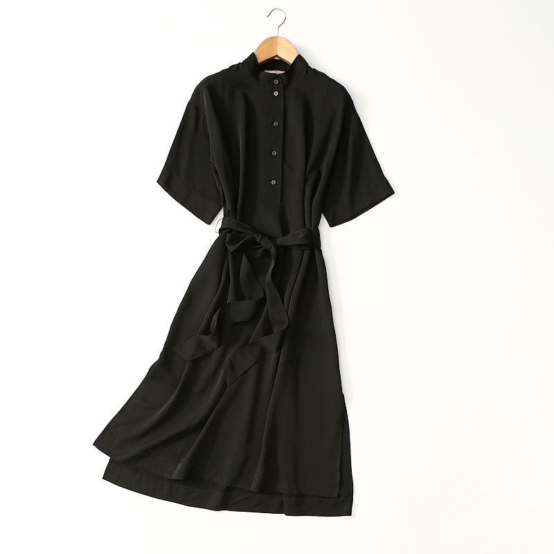 Foreign Trade Export Brand Original Order Fashion Simple Lace-up Waist Hugging Slimming Stand Collar Short sleeve Dress Large Size