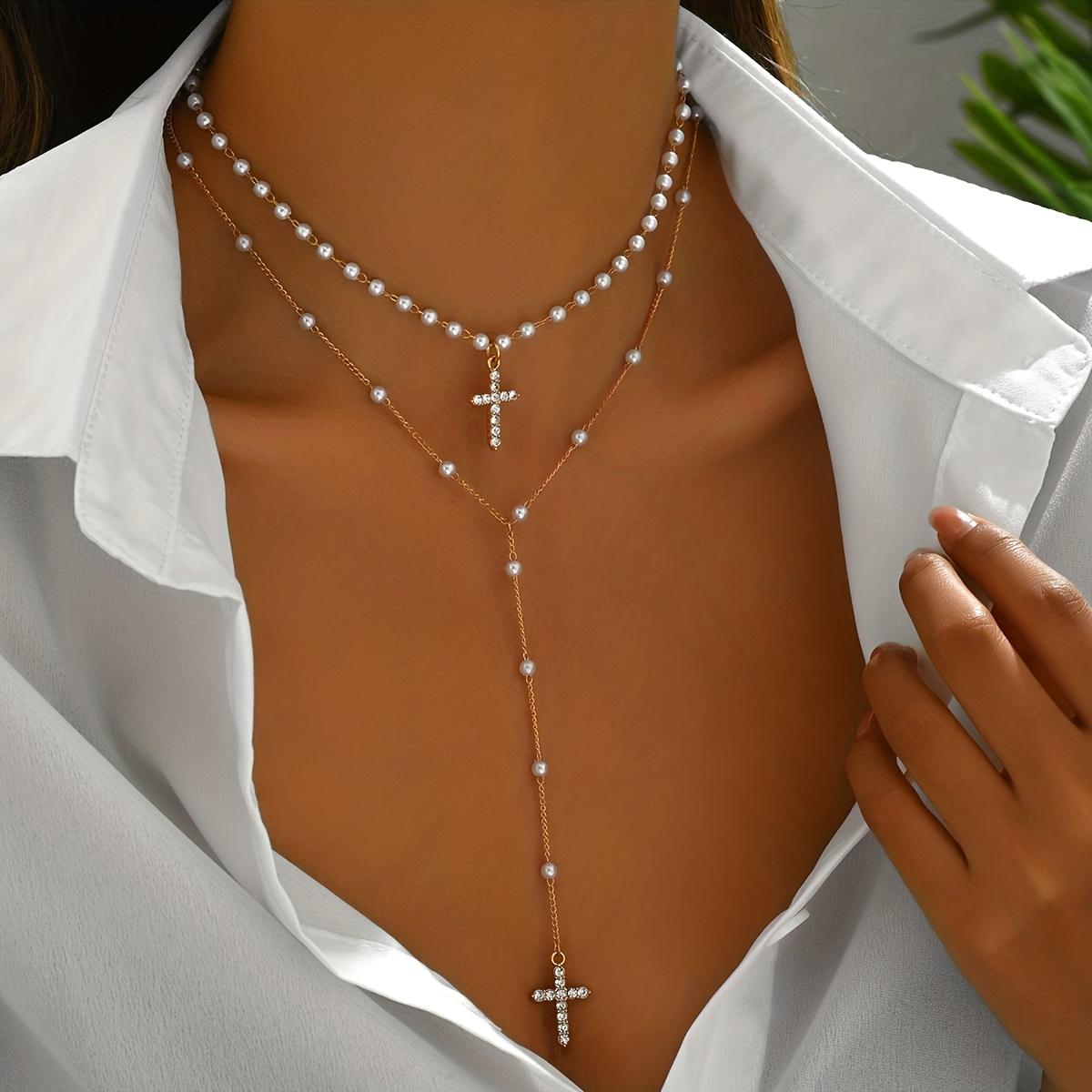 

2-piece Women s Elegant Y-shaped Cross Pendant Necklace, Paired with Handmade Imitation Chain, Suitable for Party and Wedding Gifts, Daily Wear N-457JS