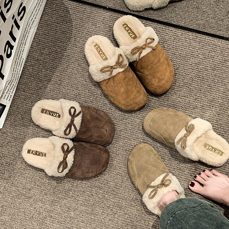 One-pedal bag head fluffy half slippers women's autumn and winter velvet outer wear 2025 new retro thermal cotton slippers