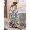 Women's Slim Shoulder Strap Sleeveless Striped Printed Dresses Pocket Side Zipper Layered Boho Long Beach Dress