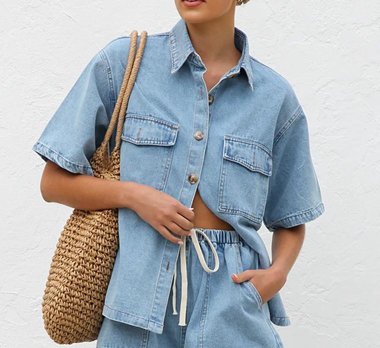 2025 Spring/Summer Women's Retro Casual Denim Short-Sleeve Shirt and Shorts Set