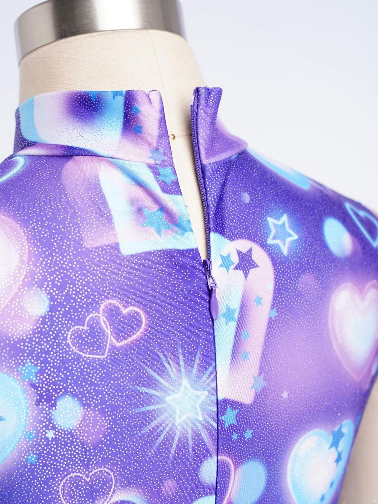 Girls Gymnastics Leotard Sparkly Rhinestone Invisible Zipper Printed Full Length Skating Jumpsuit