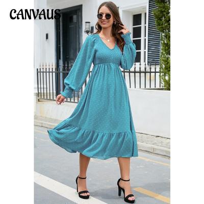 Spring and Autumn Women's Dress V-Neck Ruffle Long Dress Temperament Elegant Comfortable Swing Dresses