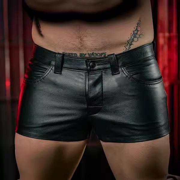 2024 European & American Solid Color PU Men's Casual Super Short Leather Pants