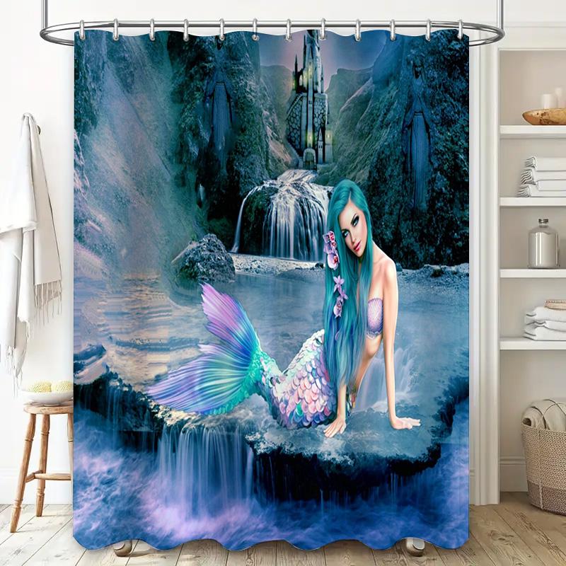 Mermaid Shower Curtain Fairy Tale Castle Fantasy Design Waterproof Fabric Custom Printed for Bathroom Decor Dark Blue Pink Green
