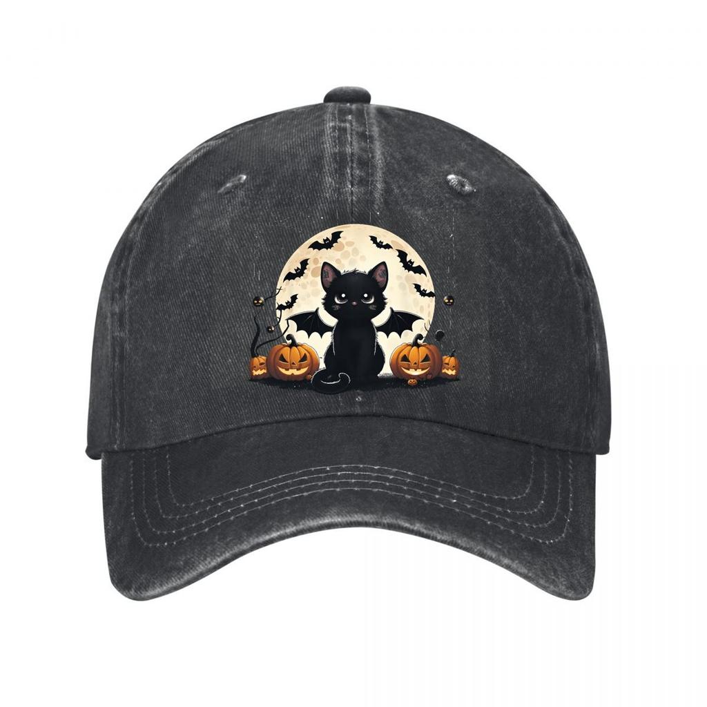 Halloween Black Cat Bat Wings Jackolanterns Decor Washed Baseball Cap Outdoor For Womens Unisex FeUnisex