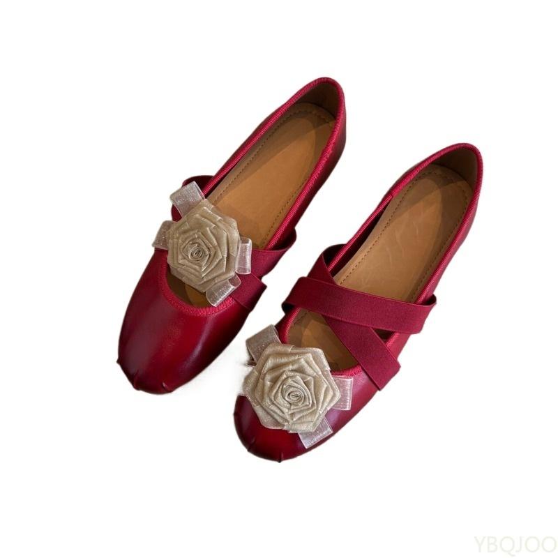 Fashion Women's casual light yellow round toe shoes retro camellia flat bottom cross with shallow mouth simple comfortable single shoe