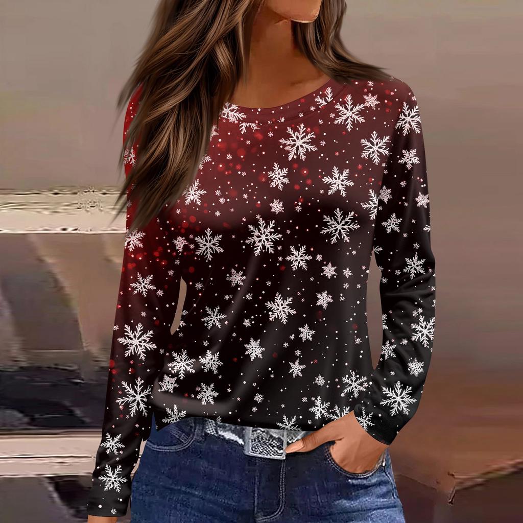 Women's Fashion Casual Slit Hem Round Neck Long Sleeve Loose Christmas Printed T-Shirt Ladies Top